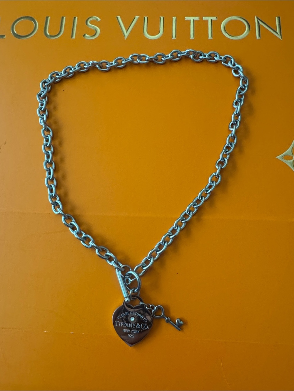 Silver Heart Tag Toggle Necklace with Key Charm